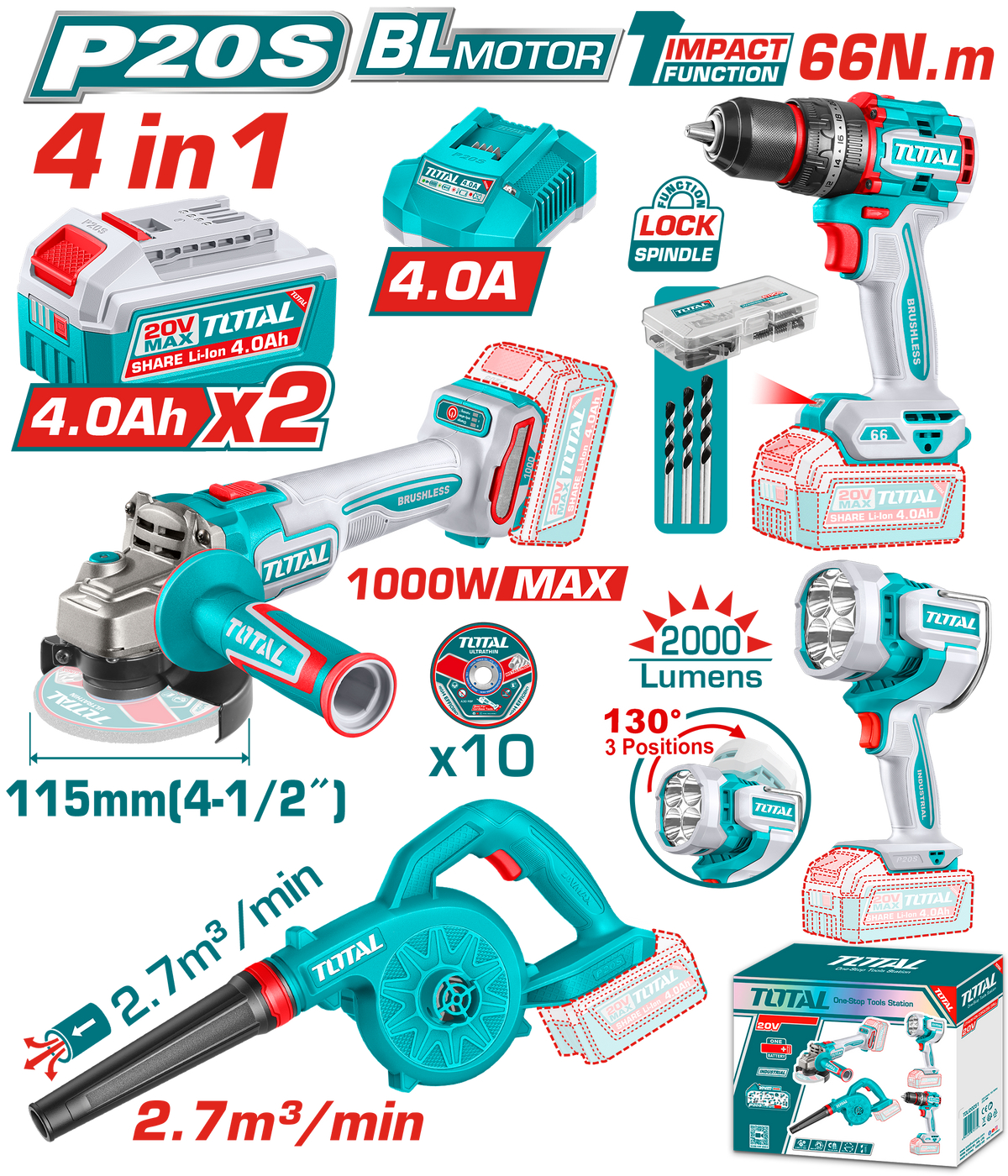 TOTAL Cordless 4 Pcs Combo Kit 20V – Angle Grinder, Impact Drill, Blower & Work Lamp Set (TOSLI250993)