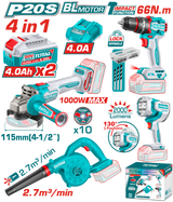 TOTAL Cordless 4 Pcs Combo Kit 20V – Angle Grinder, Impact Drill, Blower & Work Lamp Set (TOSLI250993)