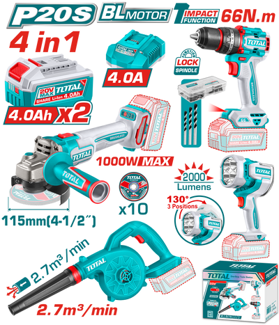 TOTAL Cordless 4 Pcs Combo Kit 20V – Angle Grinder, Impact Drill, Blower & Work Lamp Set (TOSLI250993)