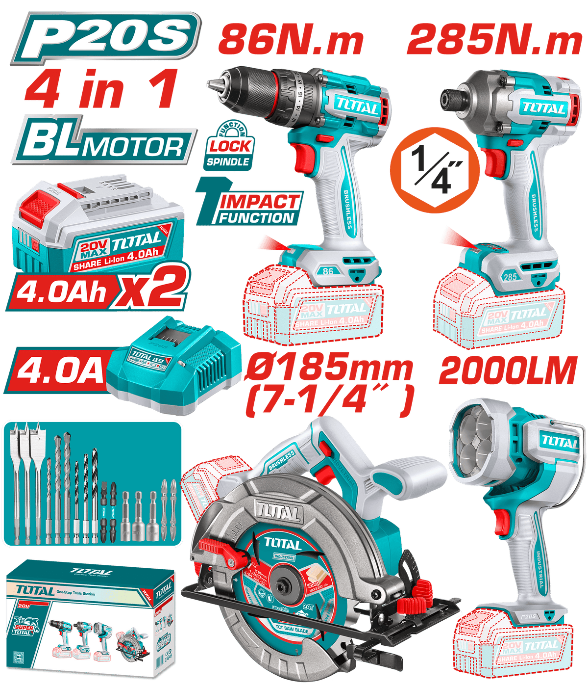 TOTAL Cordless 4 Pcs Combo Kit 20V – Brushless Drill, Impact Driver, Circular Saw & Work Lamp (TOSLI251082)