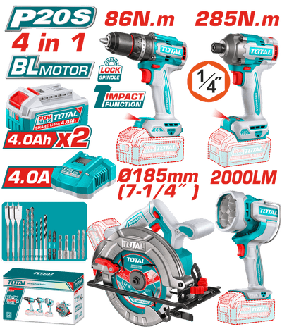 TOTAL Cordless 4 Pcs Combo Kit 20V – Brushless Drill, Impact Driver, Circular Saw & Work Lamp (TOSLI251082)