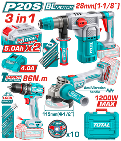TOTAL Cordless 3 Pcs Combo Kit 20V – Brushless Impact Drill, Angle Grinder & Rotary Hammer Set (TOSLI251195)