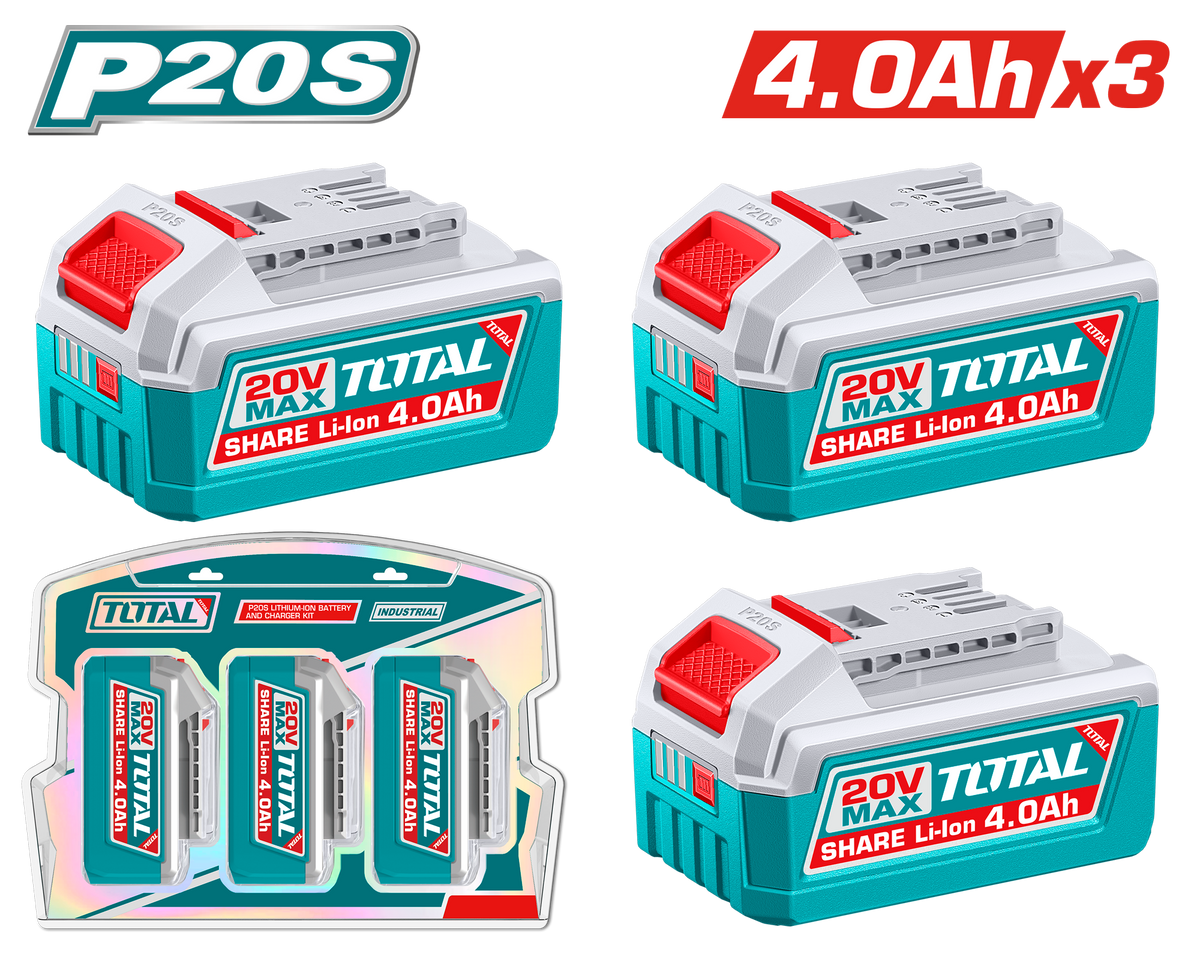 TOTAL 20V Lithium-Ion Battery Kit – 3×4.0Ah P20S Batteries (TOSLI251296)