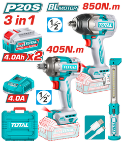 TOTAL 20V Cordless 3 Pcs Combo Kit – Brushless 850Nm & 405Nm Impact Wrenches with LED Work Lamp (TOSLI260285)
