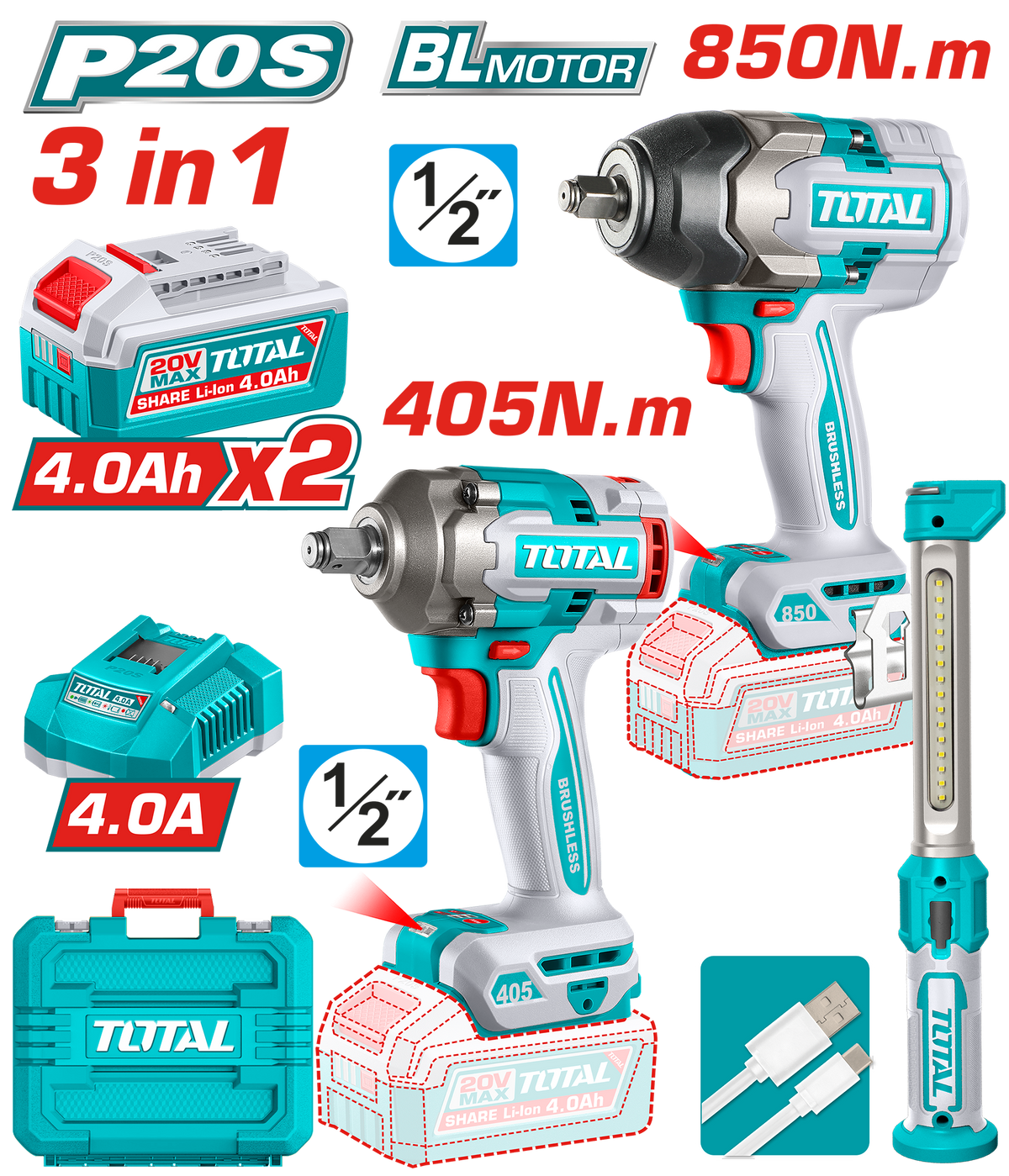 TOTAL 20V Cordless 3 Pcs Combo Kit – Brushless 850Nm & 405Nm Impact Wrenches with LED Work Lamp (TOSLI260285)