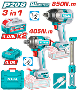 TOTAL 20V Cordless 3 Pcs Combo Kit – Brushless 850Nm & 405Nm Impact Wrenches with LED Work Lamp (TOSLI260285)