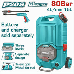 TOTAL 40V Cordless Pressure Washer 15L Tank & 5 Nozzles