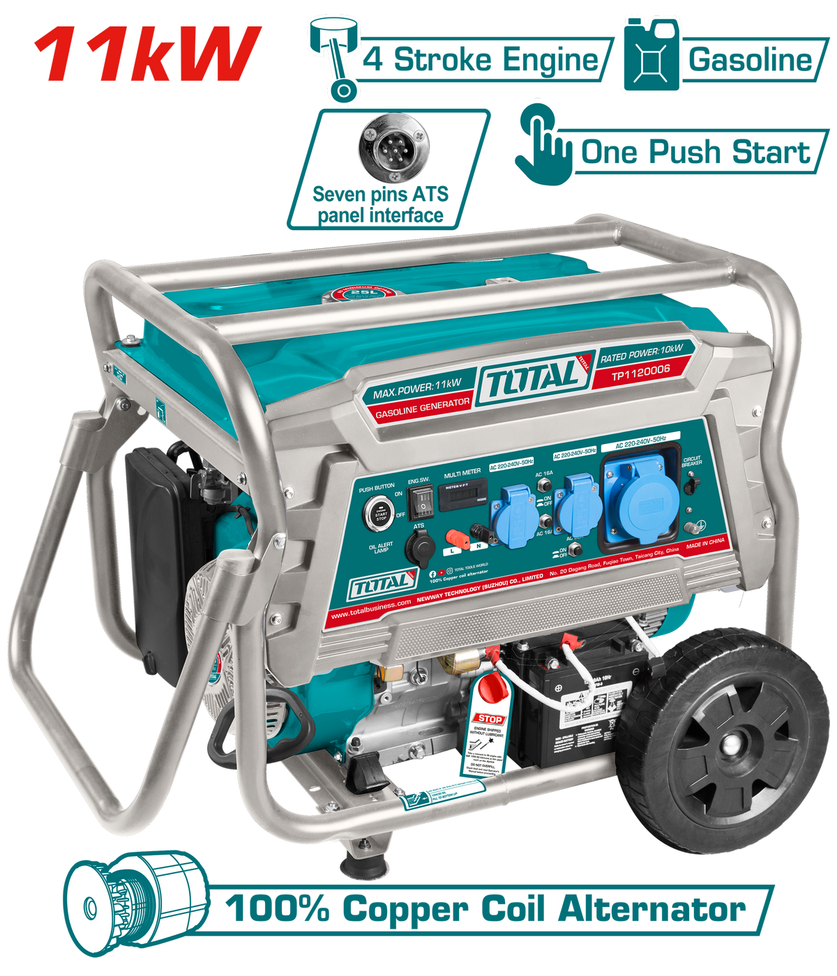 TOTAL Gasoline Generator 11kW – 10kW Rated Output with ATS Interface & Electric Start (TP1120006)