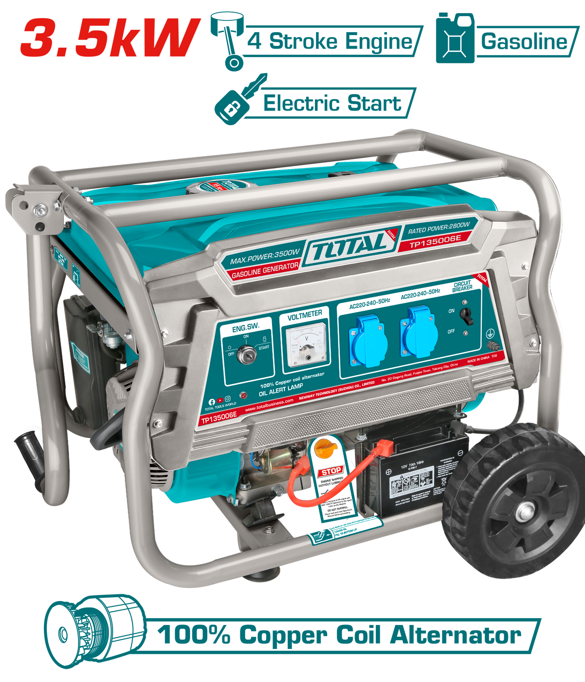 TOTAL Gasoline Generator 3.5kW – Recoil + Electric Start (TP135006E)