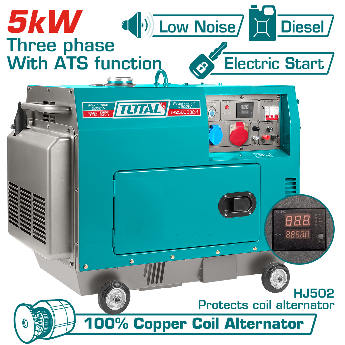 TOTAL Silent Diesel Generator 5.0kW Three Phase with ATS – Electric Start Generator (TP2500032-1)
