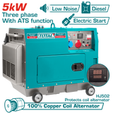 TOTAL Silent Diesel Generator 5.0kW Three Phase with ATS – Electric Start Generator (TP2500032-1)