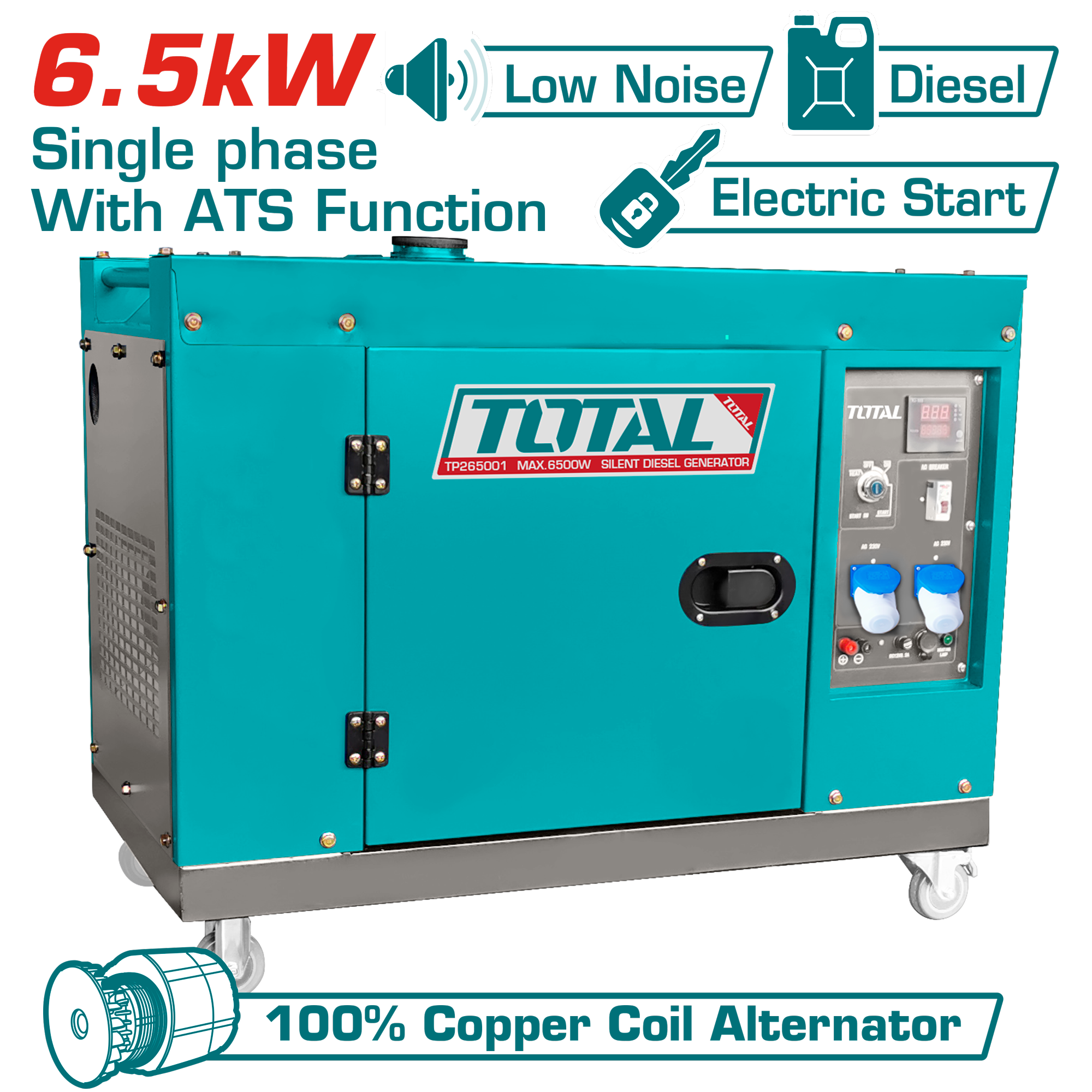 TOTAL Silent Diesel Generator 6.5kW with ATS – TP265001-1