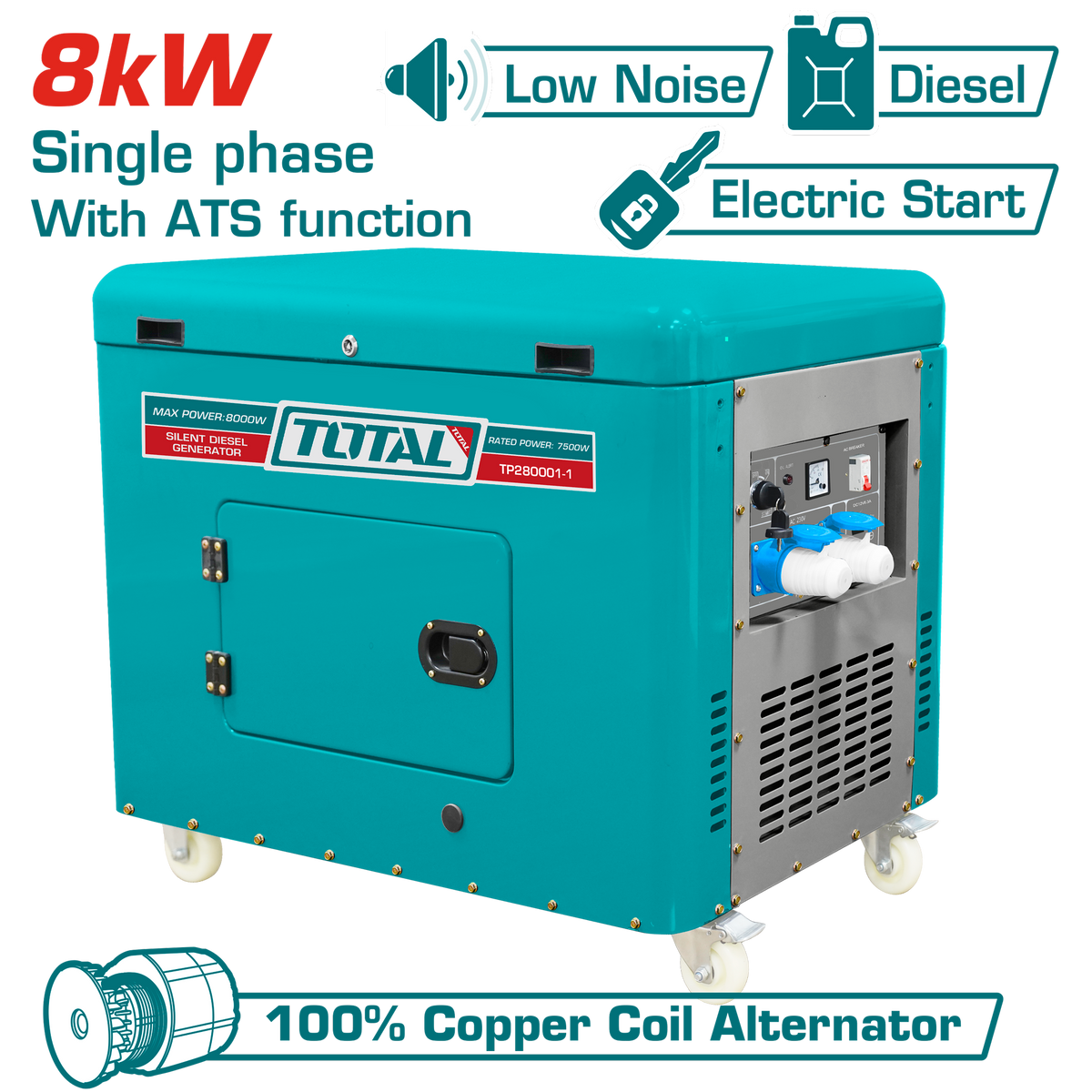 TOTAL Silent Diesel Generator 8kW – Electric Start with ATS Function (TP280001-1)