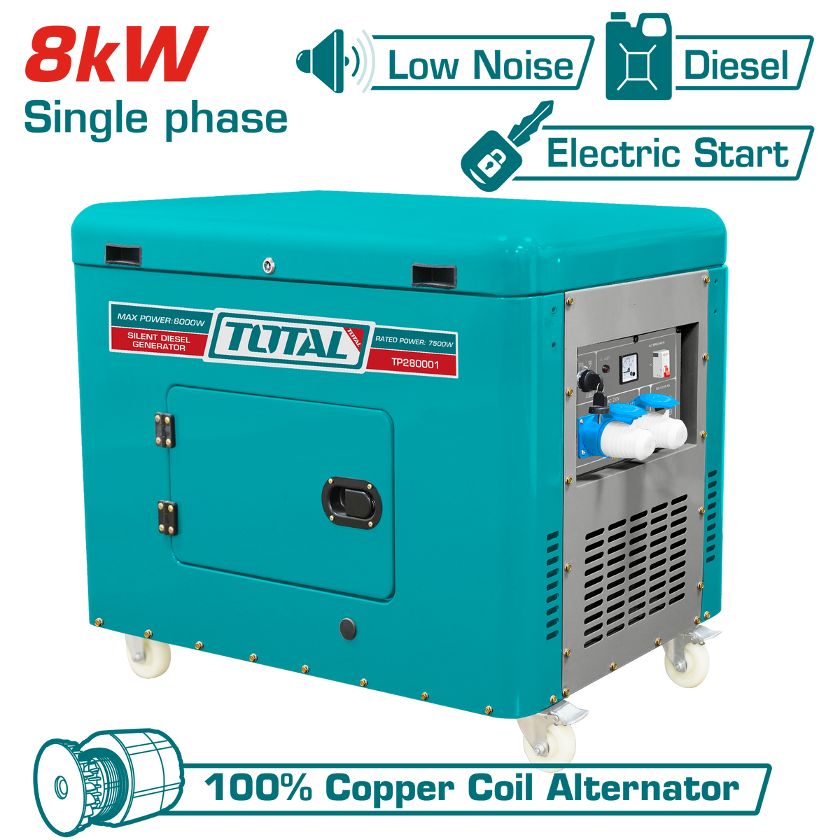 TOTAL Silent Diesel Generator 8.0kW Single Phase – 15HP Electric Start with Copper Coil (TP280001)