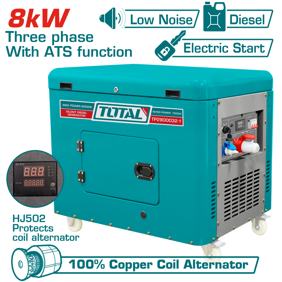 TOTAL Silent Diesel Generator 8.0kW Three Phase with ATS – Electric Start Generator (TP2800032-1)