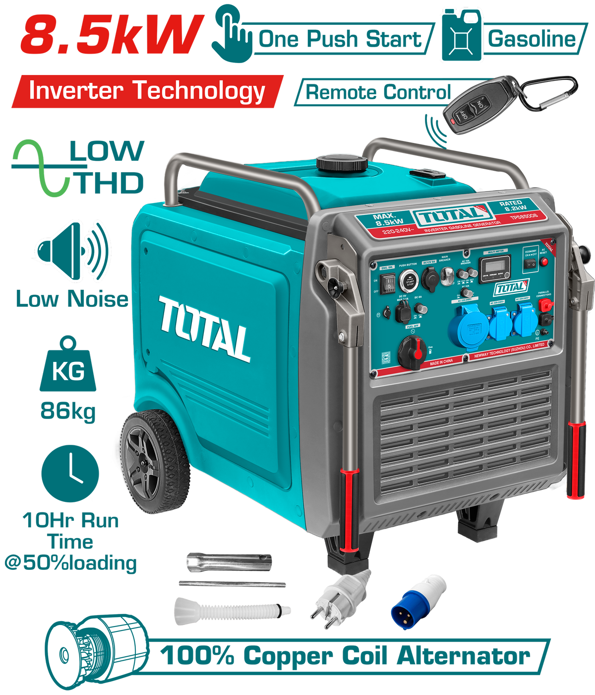 TOTAL Inverter Gasoline Generator – 8.5kW Max Output, Remote Start, Pure Sine Wave (TP585006)