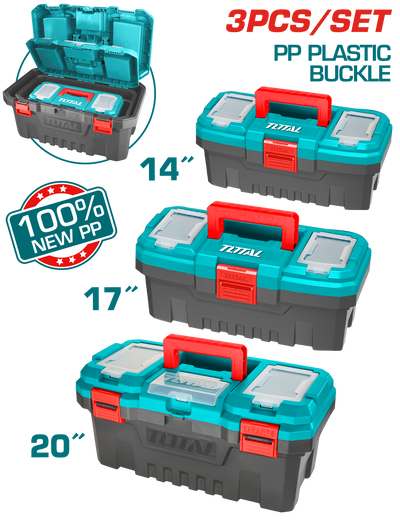 TOTAL 3 Pcs Plastic Tool Boxes Set – 14" / 17" / 20" Heavy-Duty PP (TPBXK0031)