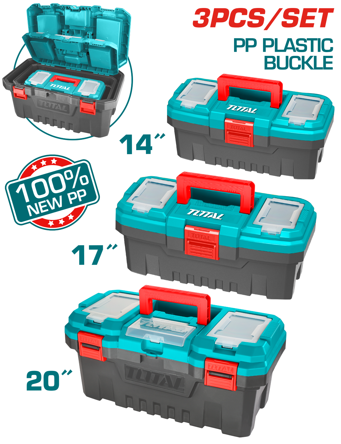 TOTAL 3 Pcs Plastic Tool Boxes Set – 14" / 17" / 20" Heavy-Duty PP (TPBXK0031)