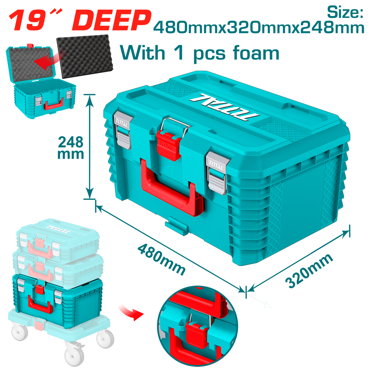 TOTAL 19" Stackable Tool Box Deep – Heavy Duty Plastic Tool Storage (TPBXS103)
