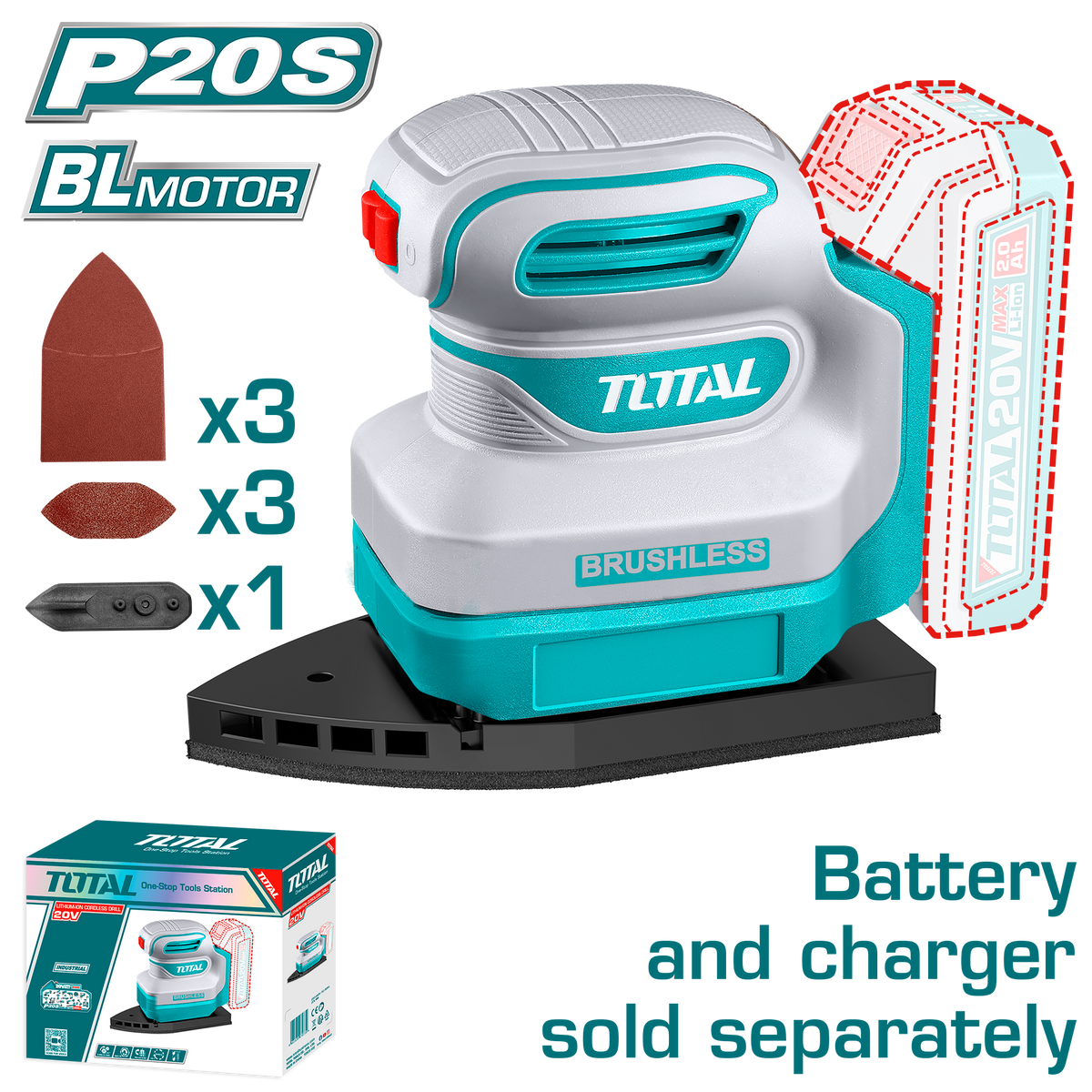 TOTAL 20V Cordless Palm Sander Brushless – 12000rpm with Sanding Pads & Papers (TPSLI2024)