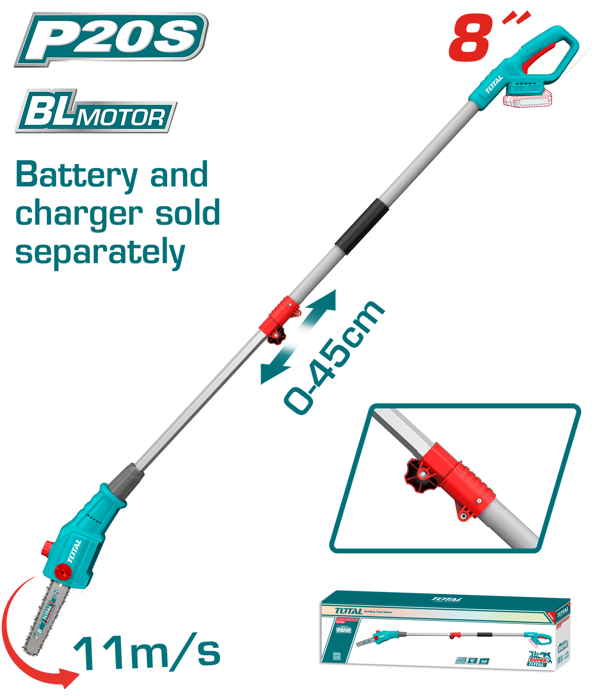 TOTAL 20V Cordless Pole Saw Brushless 8" – Long Reach Tree Pruning Saw (TPSLI2028)