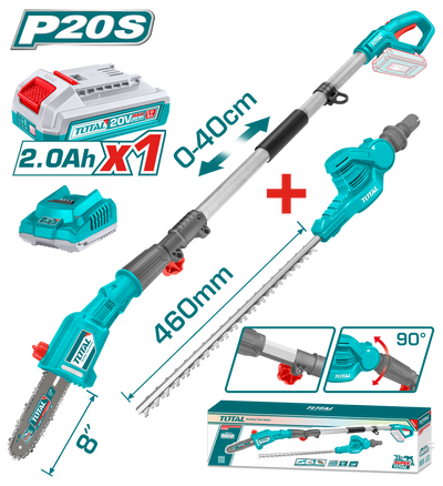 TOTAL 20V Cordless Pole Saw & Hedge Trimmer Set – 2-in-1 Long Reach Garden Tool with Battery (TPTS201681)