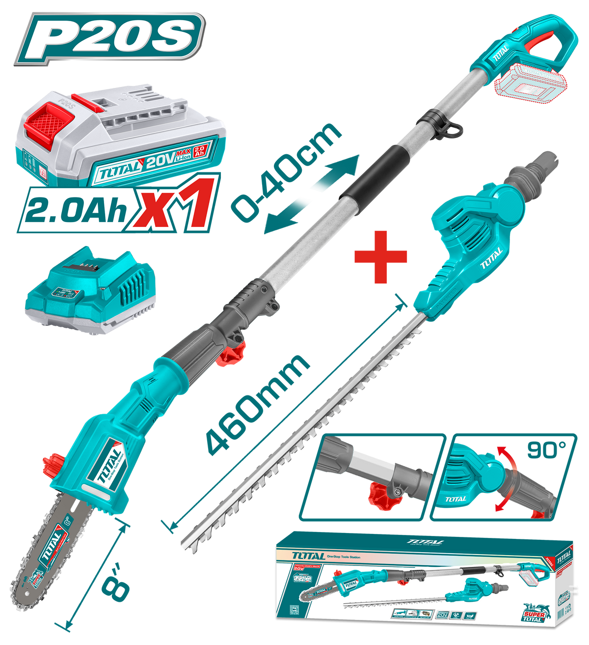 TOTAL 20V Cordless Pole Saw & Hedge Trimmer Set – 2-in-1 Long Reach Garden Tool with Battery (TPTS201681)