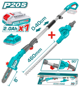 TOTAL 20V Cordless Pole Saw & Hedge Trimmer Set – 2-in-1 Long Reach Garden Tool with Battery (TPTS201681)