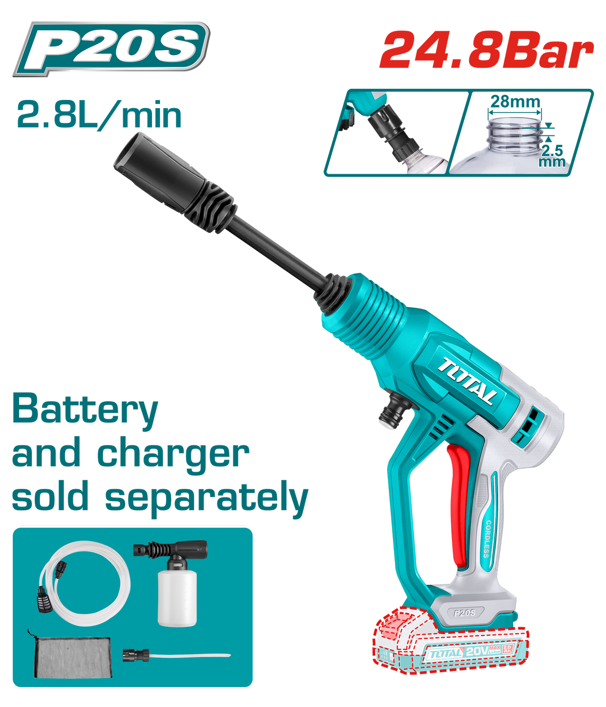 TOTAL Cordless Pressure Washer 24.8Bar | 20V - Battery & Charger Sold Separately (TPWLI2036)