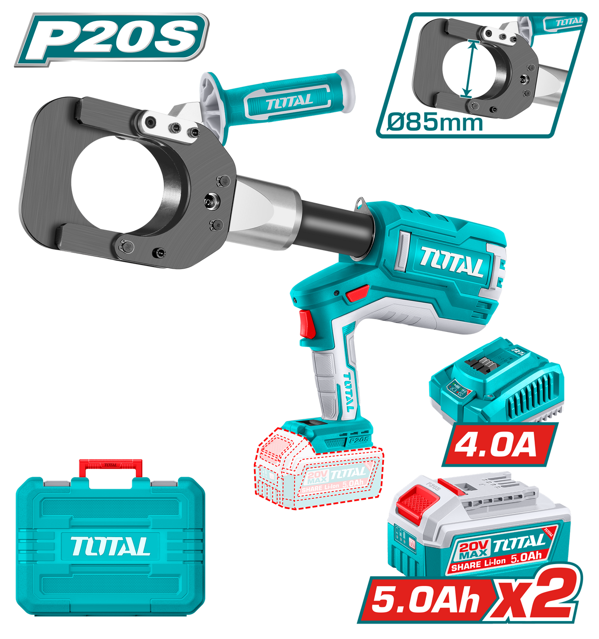 TOTAL Cordless Hydraulic Cable Cutter 20V | 85mm | 60kN (TRCLI2005)