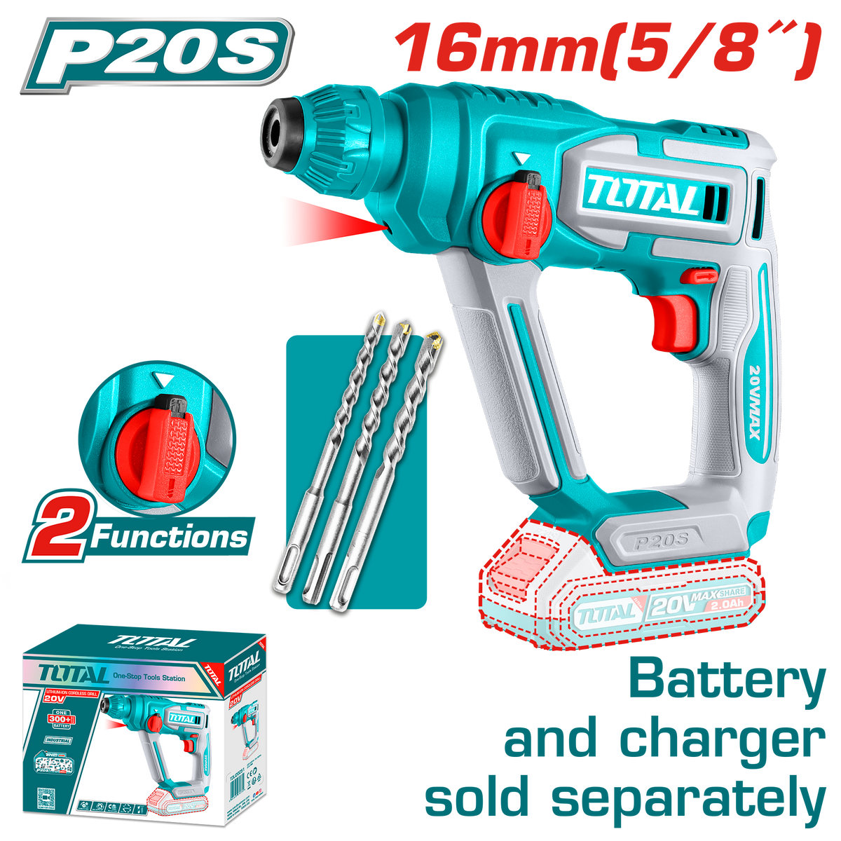 TOTAL Cordless Rotary Hammer SDS Plus 20V | 1.5J - Battery & Charger Sold Separately (TRHLI20168)