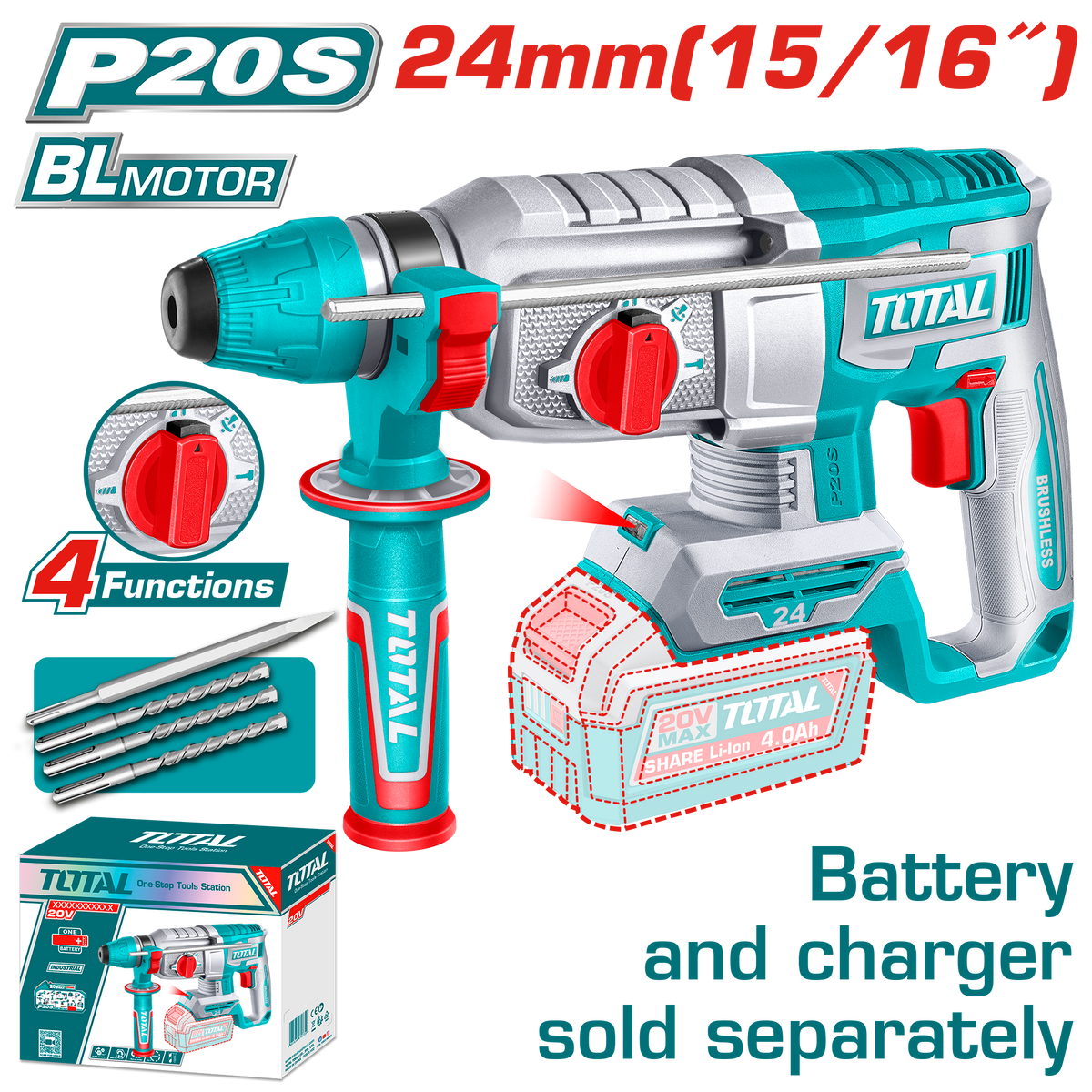 TOTAL 20V Cordless Rotary Hammer SDS Plus Brushless 2.4J – 24mm Drilling Capacity (TRHLI20248)