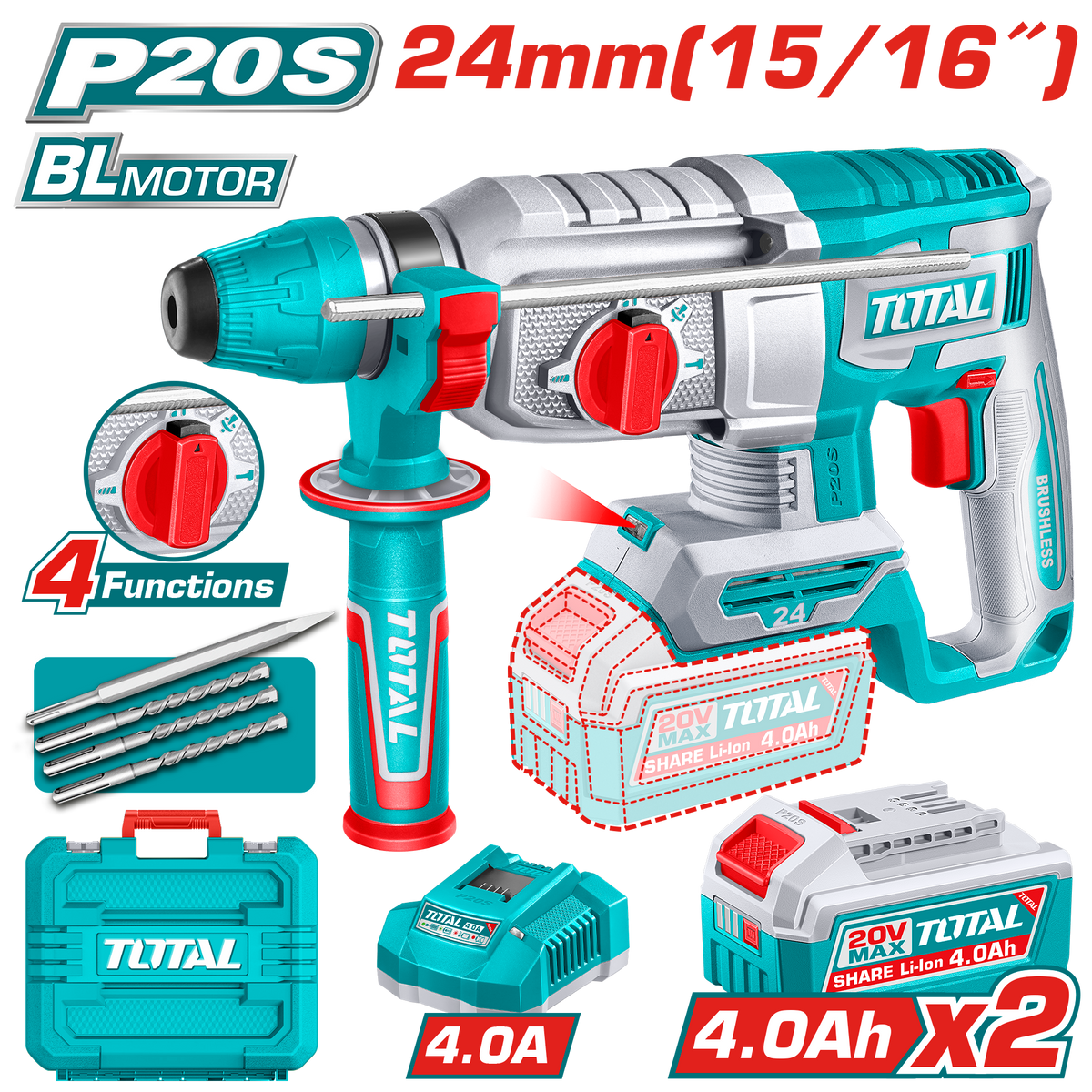 TOTAL 20V Cordless Rotary Hammer SDS Plus Brushless – 2.4J with 2×4.0Ah Batteries & Drill Set (TRHLI202482)