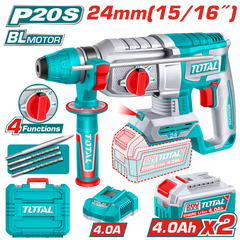 TOTAL 20V Cordless Rotary Hammer SDS Plus Brushless – 2.4J with 2×4.0Ah Batteries & Drill Set (TRHLI202482)