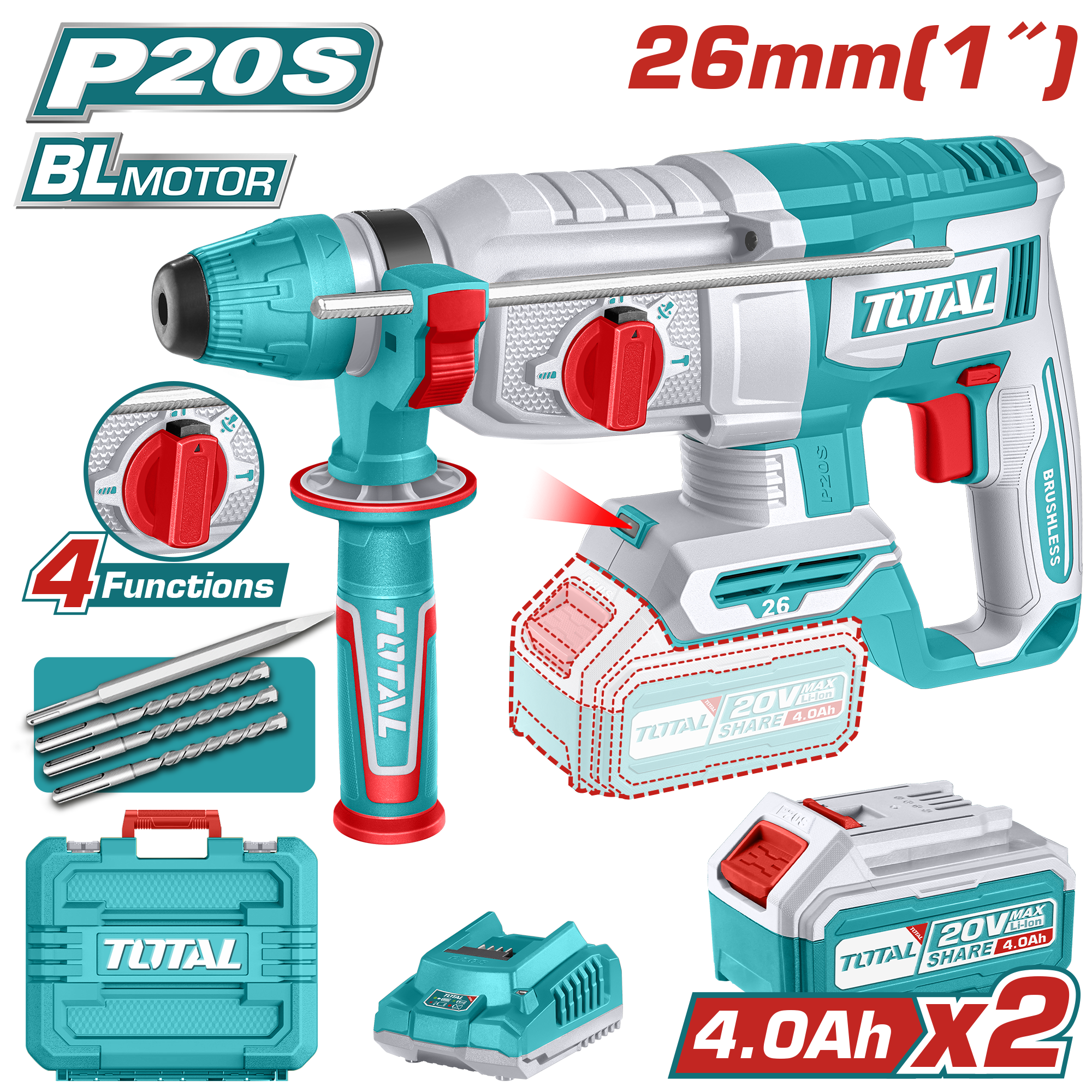 TOTAL 20V Rotary Hammer TRHLI202682 + 2x 4.0Ah Batteries