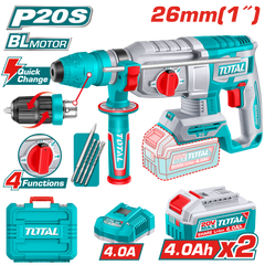 TOTAL 20V Cordless Rotary Hammer SDS Plus Brushless 2.5J – With Keyless Chuck & 2×4.0Ah Batteries (TRHLI202689)