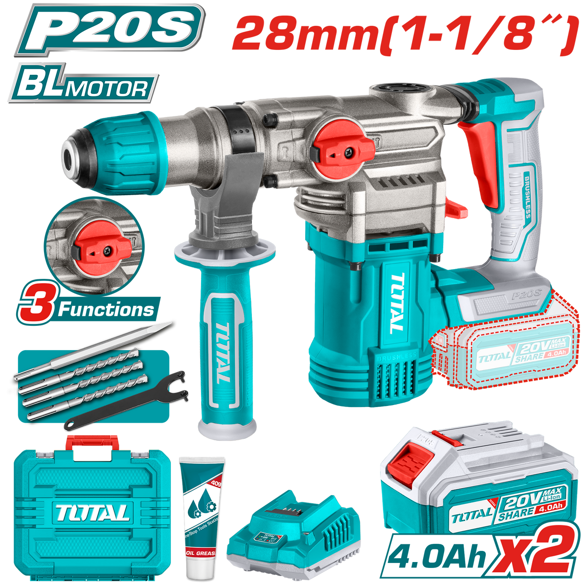 TOTAL Cordless Rotary Hammer Brushless 20V | 4.5J (TRHLI202882)