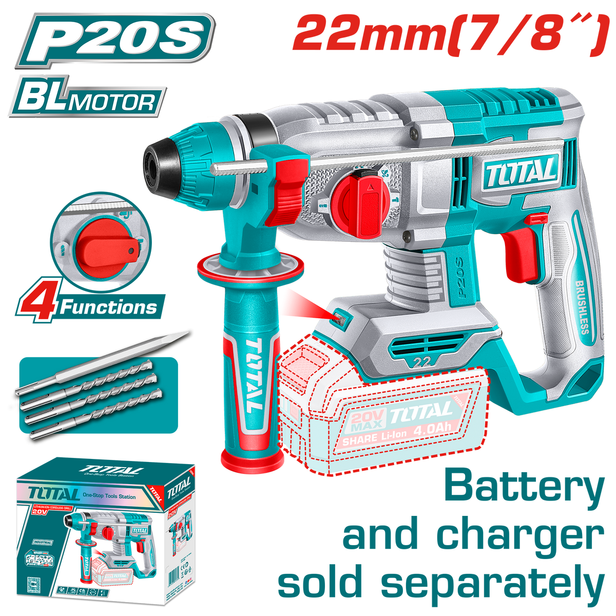 TOTAL Cordless Rotary Hammer 20V – Brushless SDS Plus 2.0J / 22mm - Battery & Charger Sold Separately (TRHLI21228)