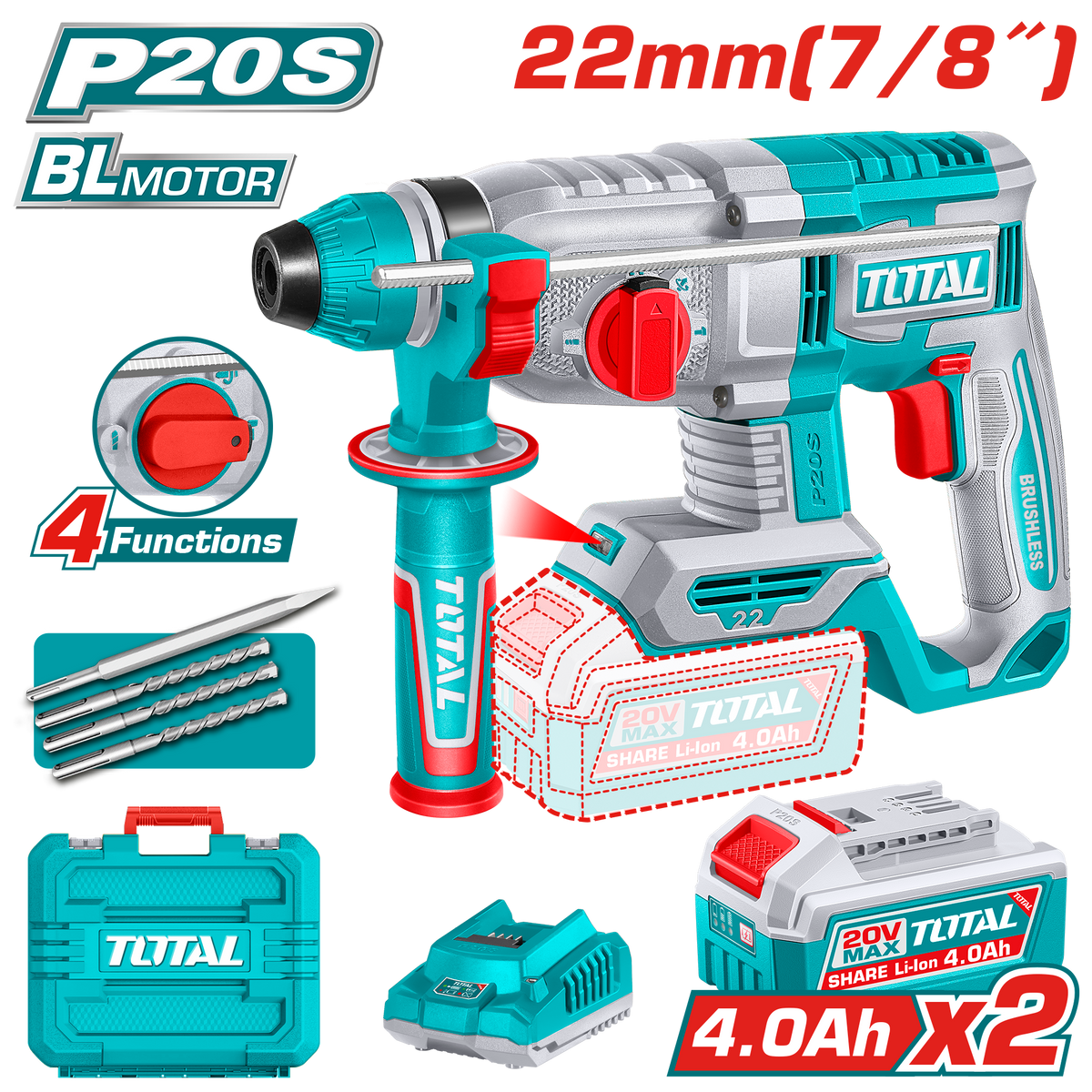TOTAL 20V Cordless Rotary Hammer SDS Plus Brushless – 2.0J with 2×4.0Ah Batteries (TRHLI212282)