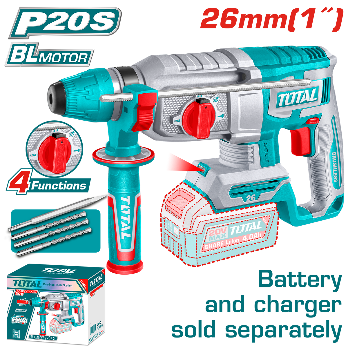 TOTAL 20V Brushless Cordless Rotary Hammer SDS Plus – 2.5J Rotary Hammer Drill (TRHLI26208)
