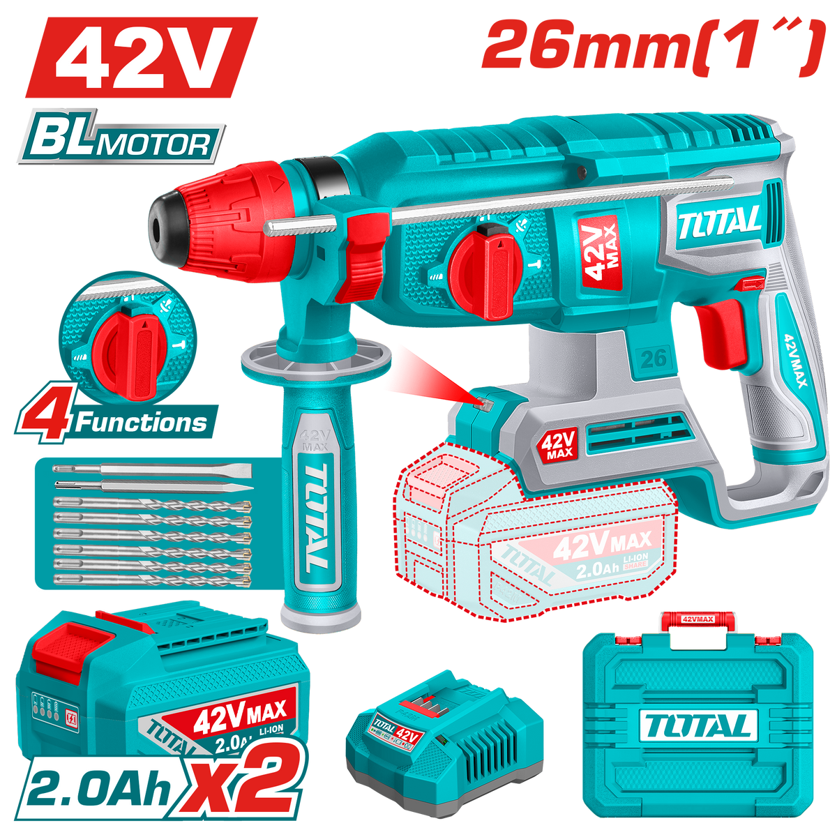 TOTAL Cordless Rotary Hammer 2.5J - 42V Brushless with SDS Plus System & Accessories (TRHLI422682)