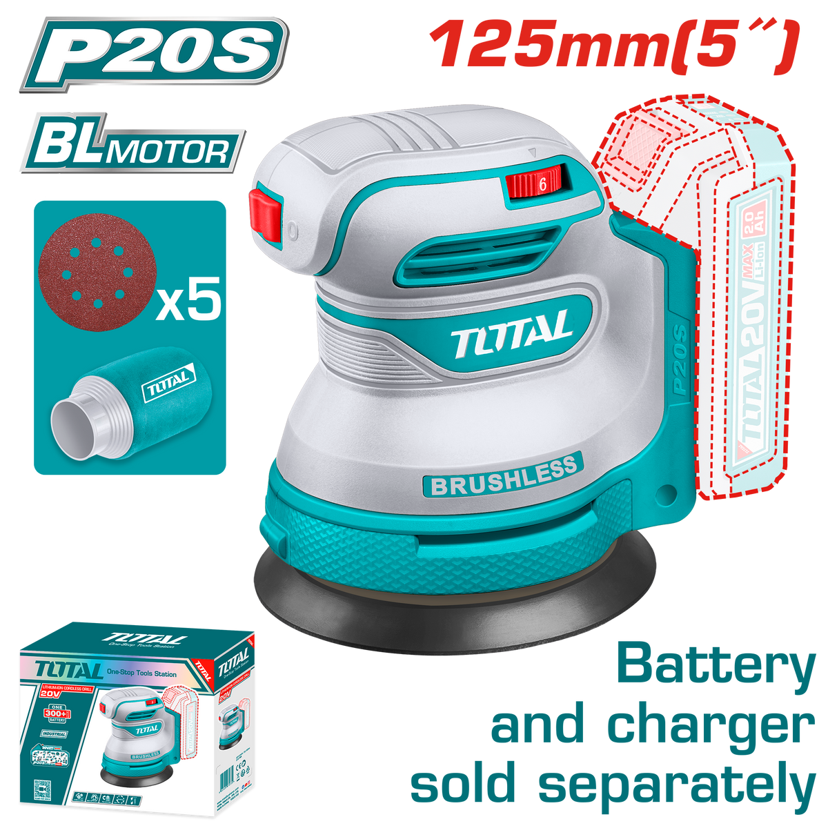 TOTAL Cordless Random Orbit Sander 20V - 125mm | 5" - Battery & charger sold separately (TROSLI2002)
