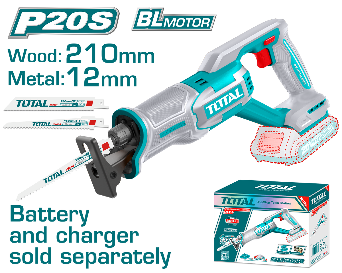 TOTAL 20V Cordless Reciprocating Saw – 0-2800rpm, Cutting Capacity Wood 210mm & Metal 12mm, Blades Included (TRSLI2108)