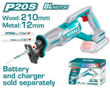 TOTAL 20V Cordless Reciprocating Saw – 0-2800rpm, Cutting Capacity Wood 210mm & Metal 12mm, Blades Included (TRSLI2108)