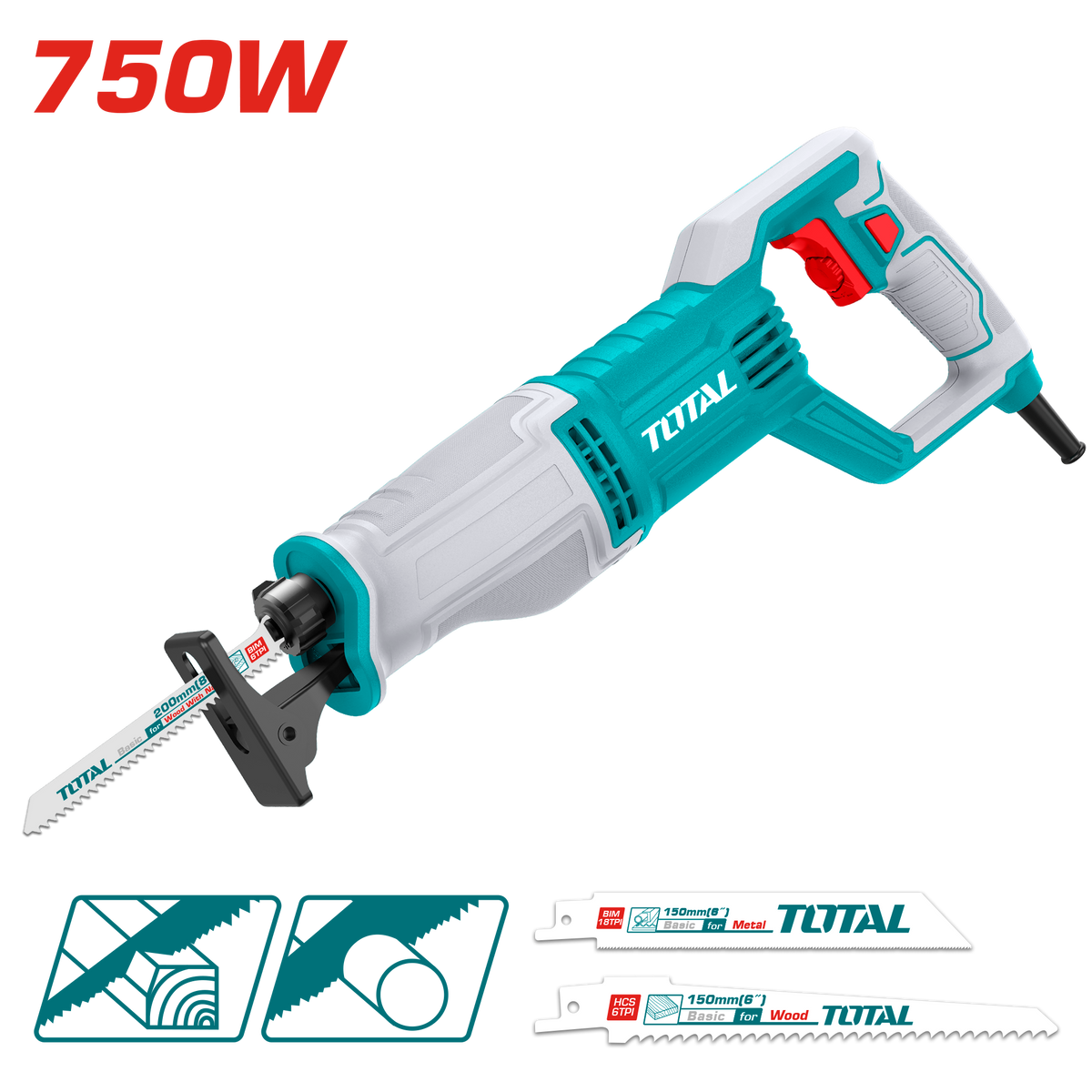 TOTAL Reciprocating Saw 750W with SDS Blade Change – Variable Speed 900-3300rpm (TS100756)