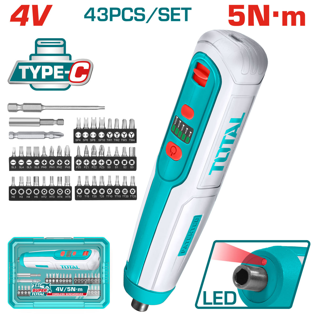 TOTAL 43PCs Cordless Screwdriver Set 5N.m | 1/4" - Without USB Cable (TSDLI04062)