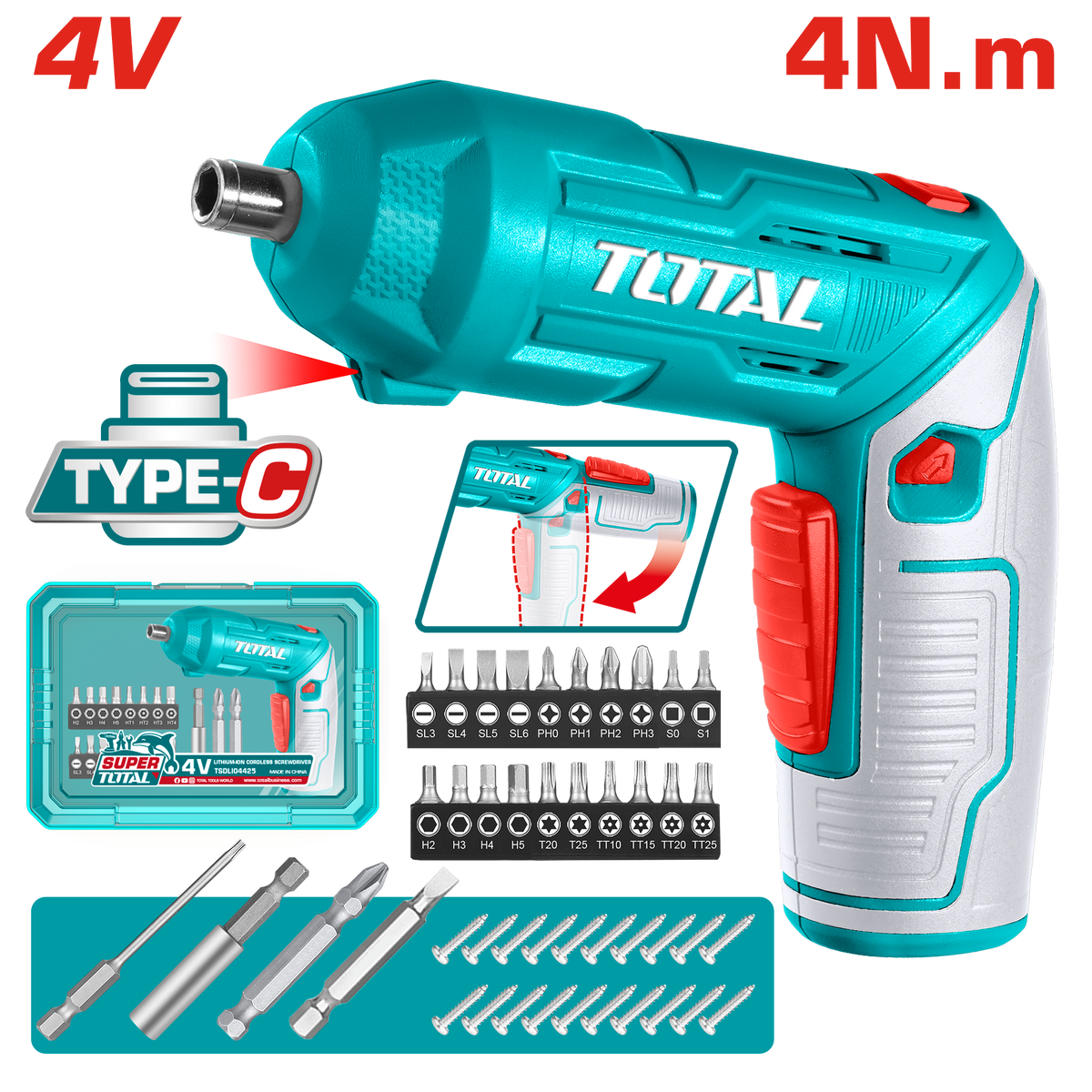 TOTAL Cordless Screwdriver – 4V, 240rpm, 4N.m Torque, 1/4" Hex, Adjustable Handle with 23-Pc Bit Set (TSDLI04425)