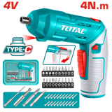 TOTAL Cordless Screwdriver – 4V, 240rpm, 4N.m Torque, 1/4" Hex, Adjustable Handle with 23-Pc Bit Set (TSDLI04425)