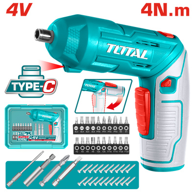 TOTAL Cordless Screwdriver – 4V, 240rpm, 4N.m Torque, 1/4" Hex, Adjustable Handle with 23-Pc Bit Set (TSDLI04425)