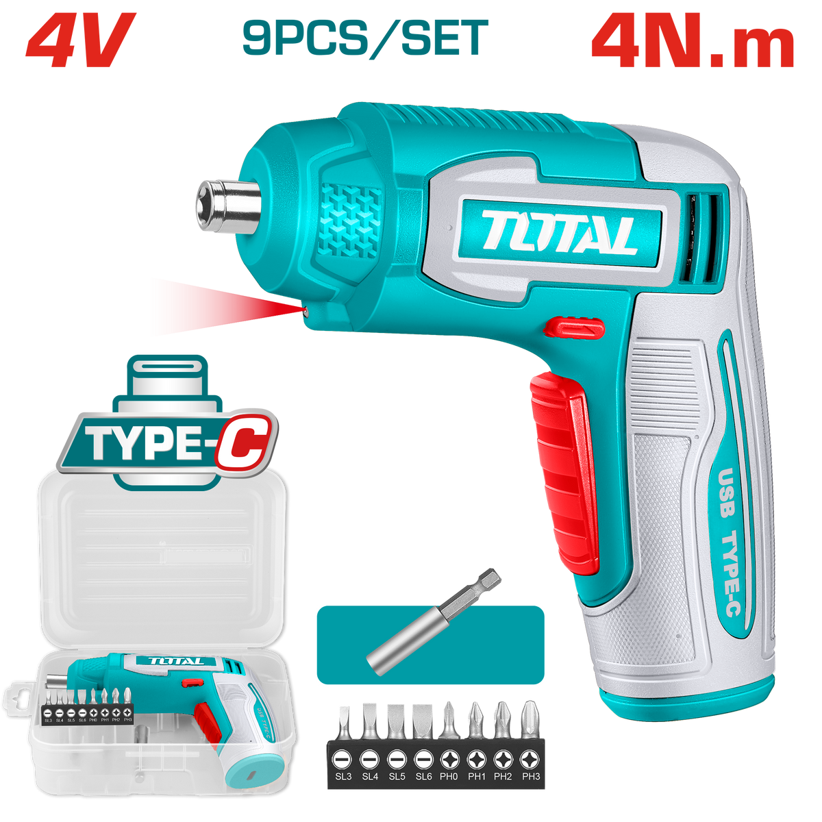 TOTAL Cordless Screwdriver 4V | 4Nm - USB Rechargeable (TSDLI0458)